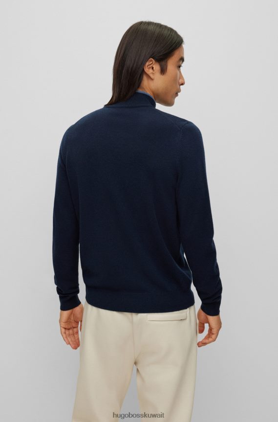 4TFNJN1314 أزرق غامق Hugo Boss سترة ذات رقبة بسحاب باللون الأزرق الداكن من الصوف البكر مع شعار هوغو مطرز