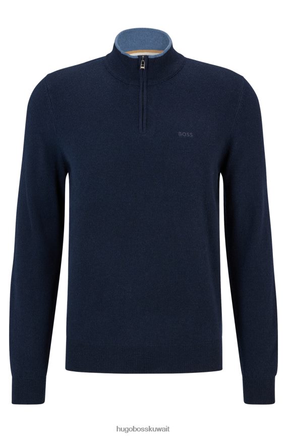 4TFNJN1314 أزرق غامق Hugo Boss سترة ذات رقبة بسحاب باللون الأزرق الداكن من الصوف البكر مع شعار هوغو مطرز