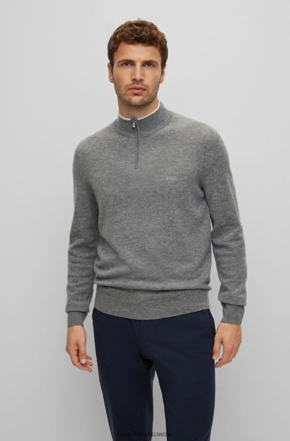 4TFNJN1315 فضة Hugo Boss سترة بسحاب من الصوف البكر مع شعار مطرز باللون الفضي