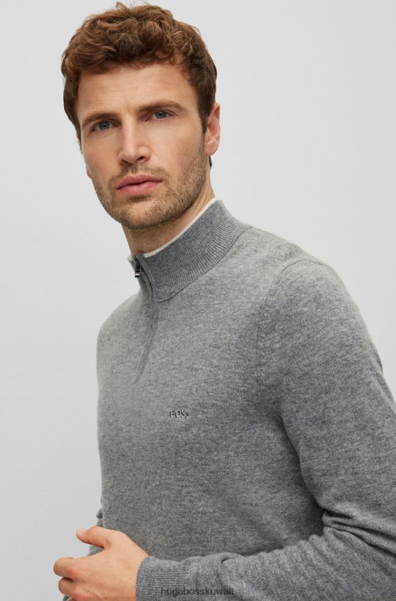 4TFNJN1315 فضة Hugo Boss سترة بسحاب من الصوف البكر مع شعار مطرز باللون الفضي