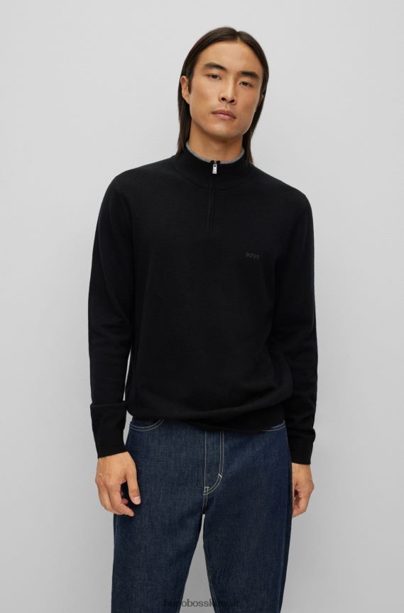 4TFNJN1316 أسود Hugo Boss سترة هيوغو سوداء برقبة بسحاب من الصوف البكر مع شعار مطرز