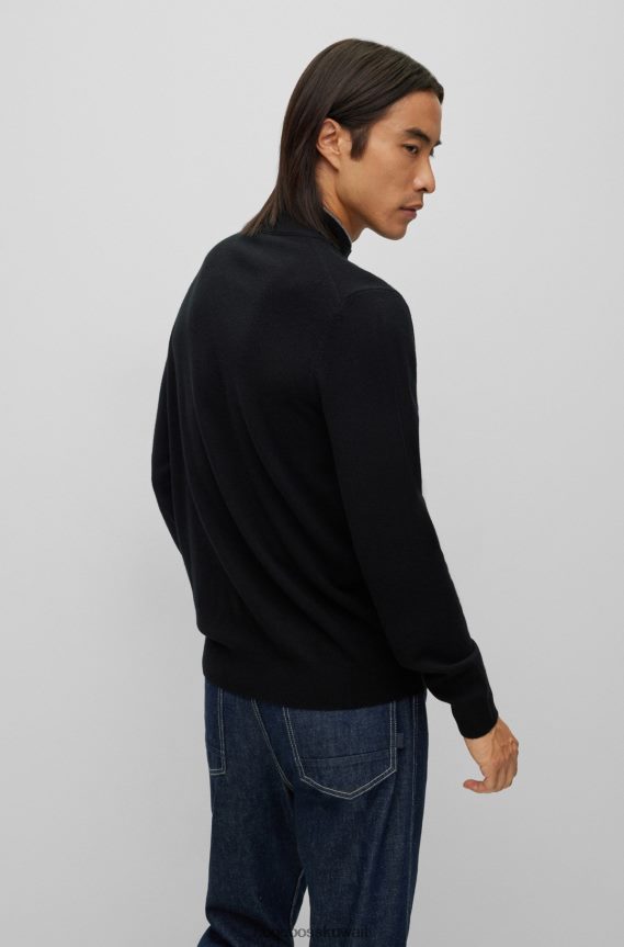 4TFNJN1316 أسود Hugo Boss سترة هيوغو سوداء برقبة بسحاب من الصوف البكر مع شعار مطرز