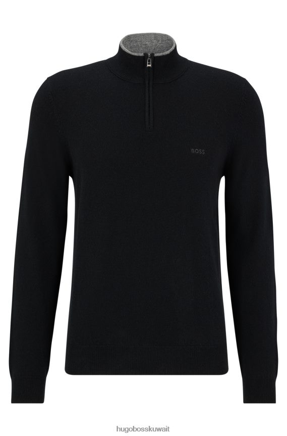 4TFNJN1316 أسود Hugo Boss سترة هيوغو سوداء برقبة بسحاب من الصوف البكر مع شعار مطرز