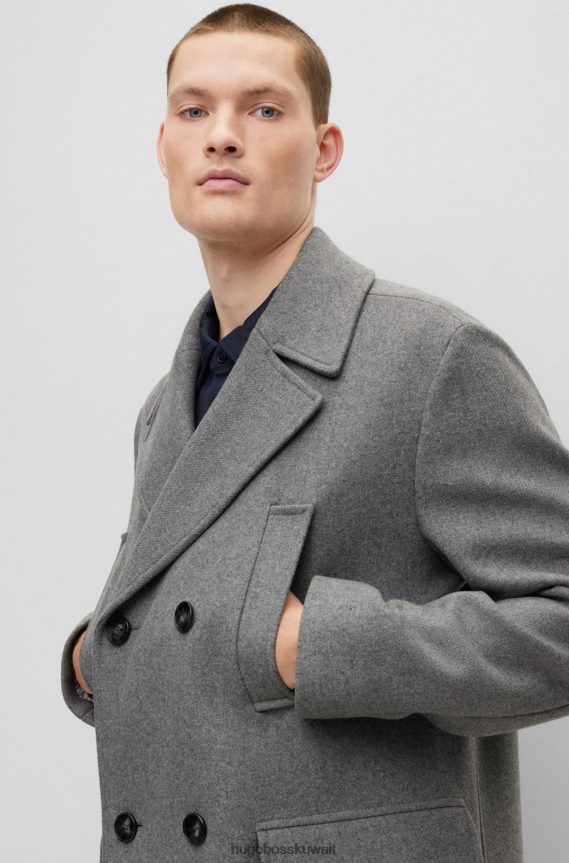 4TFNJN1323 فضة Hugo Boss معطف هوغو فضي مزدوج الصدر مريح من مزيج الصوف