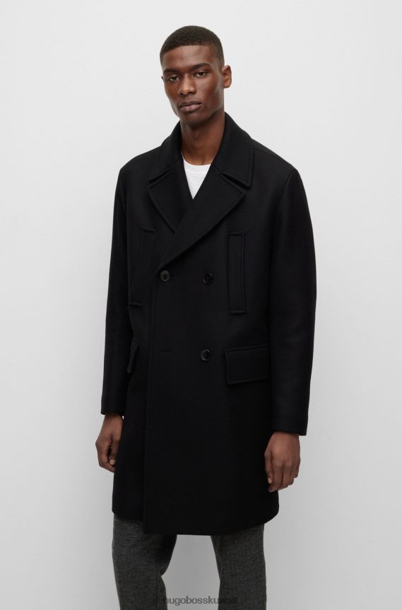 4TFNJN1324 أسود Hugo Boss معطف Hugo مزدوج الصدر مريح من مزيج الصوف باللون الأسود
