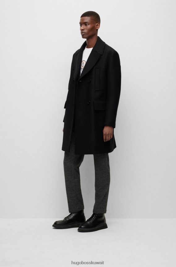 4TFNJN1324 أسود Hugo Boss معطف Hugo مزدوج الصدر مريح من مزيج الصوف باللون الأسود