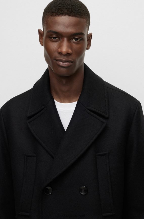 4TFNJN1324 أسود Hugo Boss معطف Hugo مزدوج الصدر مريح من مزيج الصوف باللون الأسود