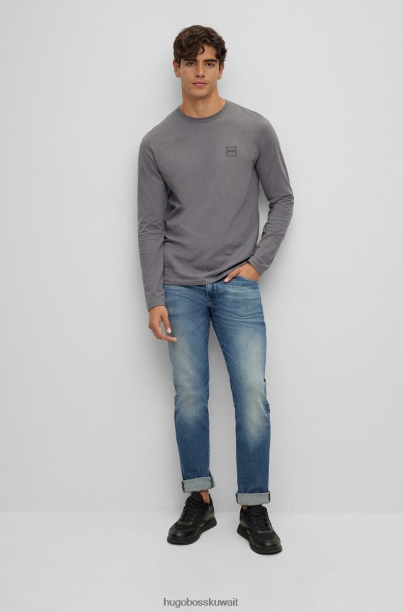 4TFNJN1333 رمادي Hugo Boss تي شيرت من الجيرسي القطني بقصة عادية مع رقعة شعار هوغو باللون الرمادي