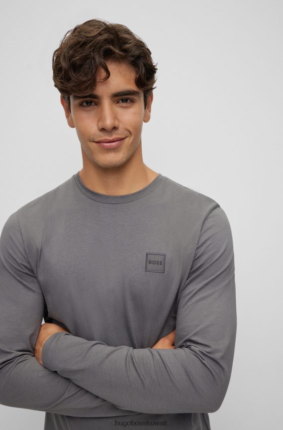 4TFNJN1333 رمادي Hugo Boss تي شيرت من الجيرسي القطني بقصة عادية مع رقعة شعار هوغو باللون الرمادي