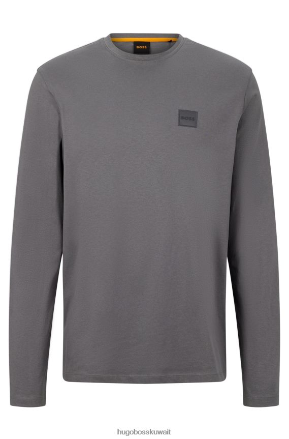 4TFNJN1333 رمادي Hugo Boss تي شيرت من الجيرسي القطني بقصة عادية مع رقعة شعار هوغو باللون الرمادي