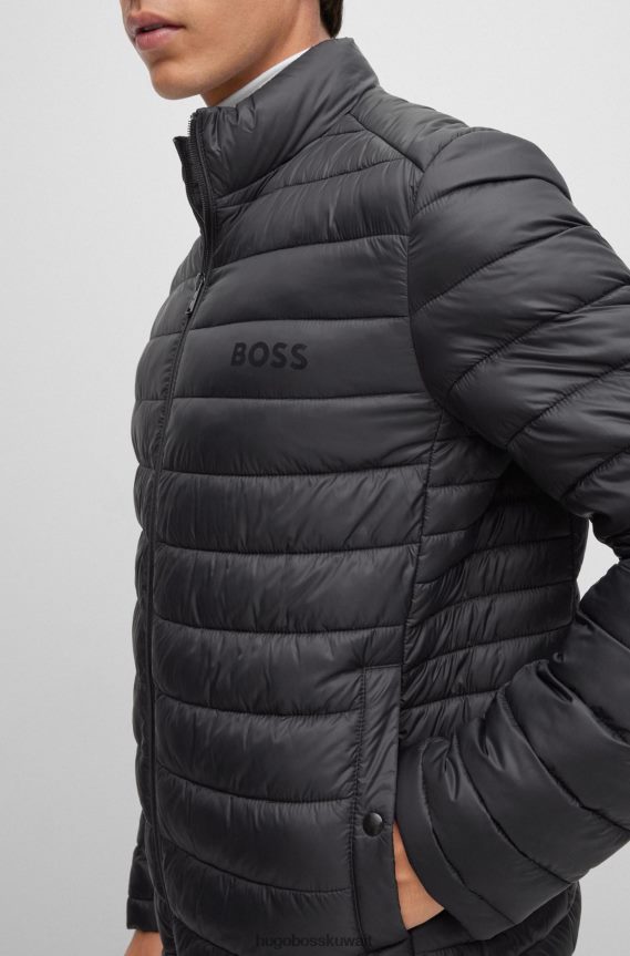 4TFNJN1337 أسود Hugo Boss سترة مبطنة مقاومة للماء مع شعار هوغو باللون الأسود