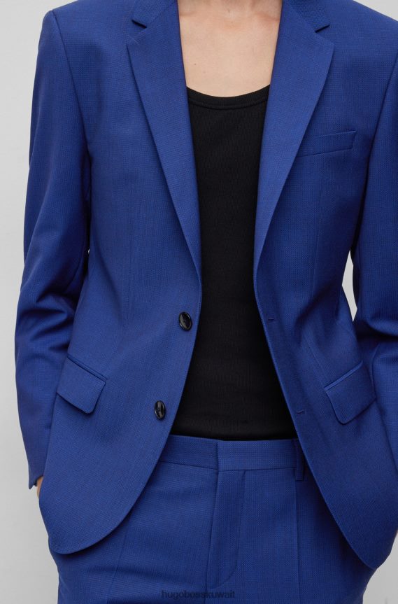 4TFNJN1339 أزرق غامق Hugo Boss بدلة منقوشة بقصة ضيقة من مزيج الصوف المطاطي باللون الأزرق الداكن