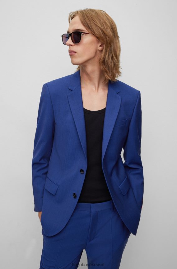 4TFNJN1339 أزرق غامق Hugo Boss بدلة منقوشة بقصة ضيقة من مزيج الصوف المطاطي باللون الأزرق الداكن