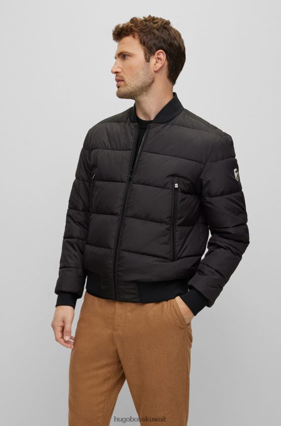4TFNJN1343 أسود Hugo Boss سترة مبطنة مقاومة للماء مع شعار هوغو أسود