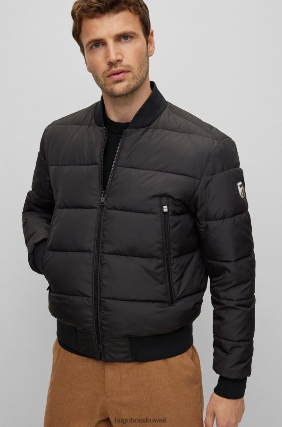 4TFNJN1343 أسود Hugo Boss سترة مبطنة مقاومة للماء مع شعار هوغو أسود