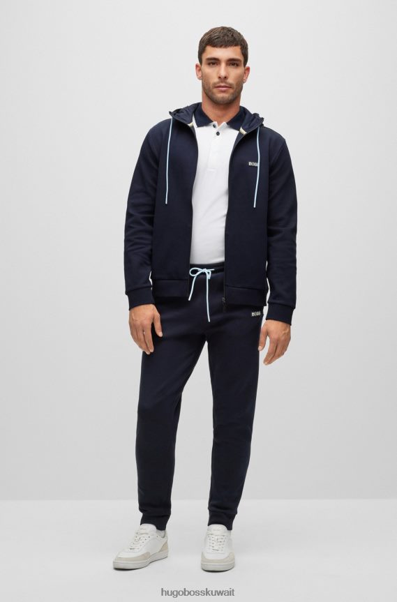 4TFNJN1347 أزرق غامق Hugo Boss هودي هودي من مزيج القطن باللون الأزرق الداكن مع شعار متعدد الألوان