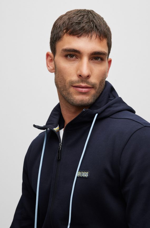 4TFNJN1347 أزرق غامق Hugo Boss هودي هودي من مزيج القطن باللون الأزرق الداكن مع شعار متعدد الألوان