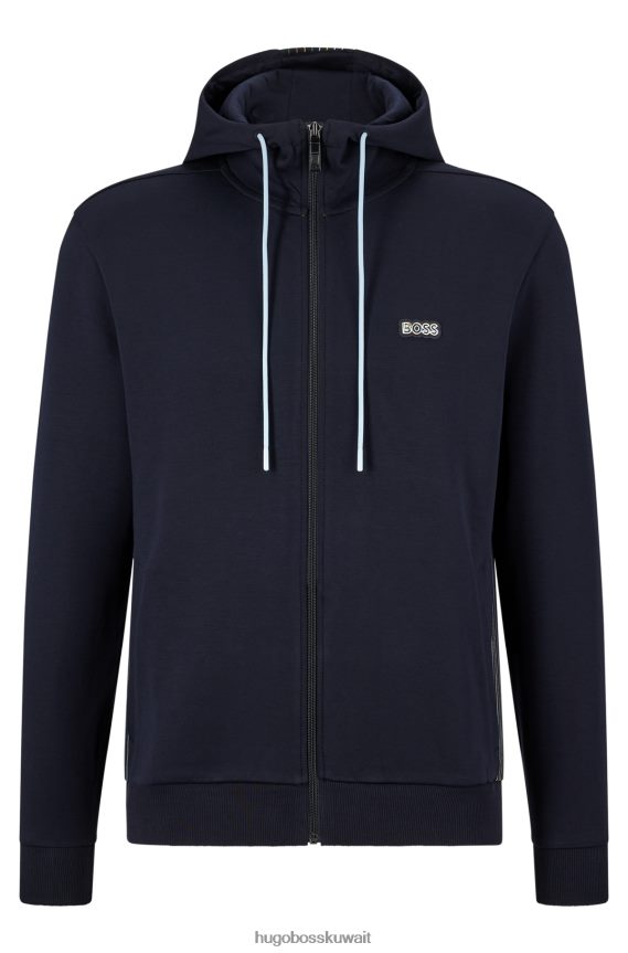 4TFNJN1347 أزرق غامق Hugo Boss هودي هودي من مزيج القطن باللون الأزرق الداكن مع شعار متعدد الألوان