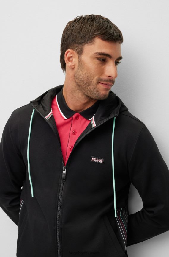 4TFNJN1348 أسود Hugo Boss هودي هوغو من مزيج القطن مع شعار متعدد الألوان باللون الأسود