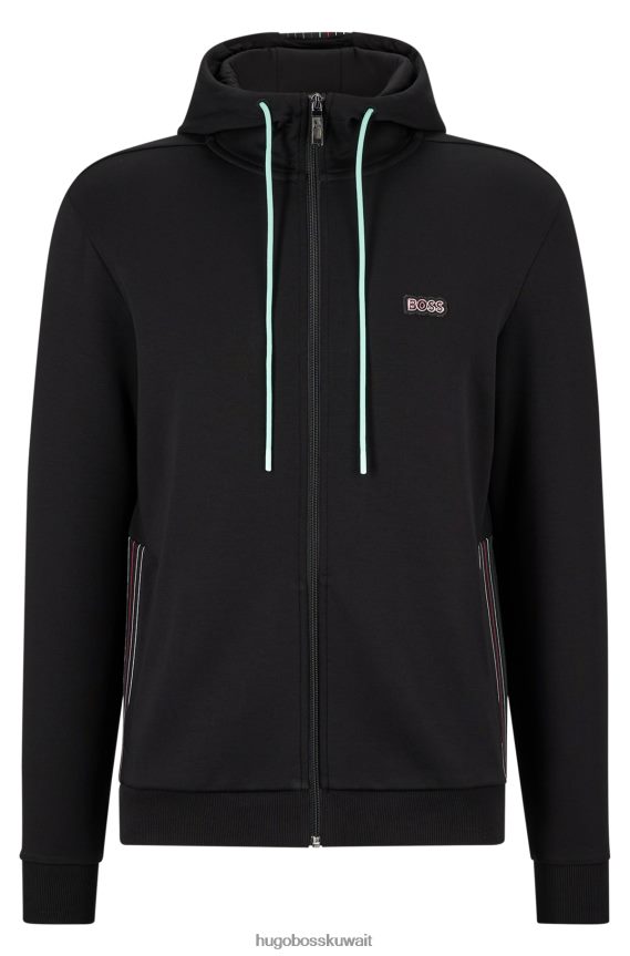 4TFNJN1348 أسود Hugo Boss هودي هوغو من مزيج القطن مع شعار متعدد الألوان باللون الأسود