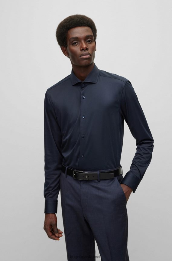 4TFNJN1351 أزرق غامق Hugo Boss قميص بقصة ضيقة من الجيرسي الإيطالي هوغو باللون الأزرق الداكن