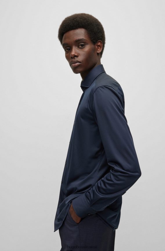 4TFNJN1351 أزرق غامق Hugo Boss قميص بقصة ضيقة من الجيرسي الإيطالي هوغو باللون الأزرق الداكن