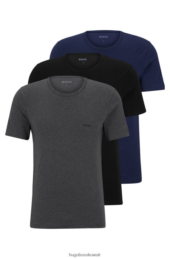 4TFNJN1356 أسود/رمادي/أزرق Hugo Boss حزمة من ثلاثة تيشيرتات مطرزة بشعار الماركة من قطن هوغو باللون الأسود