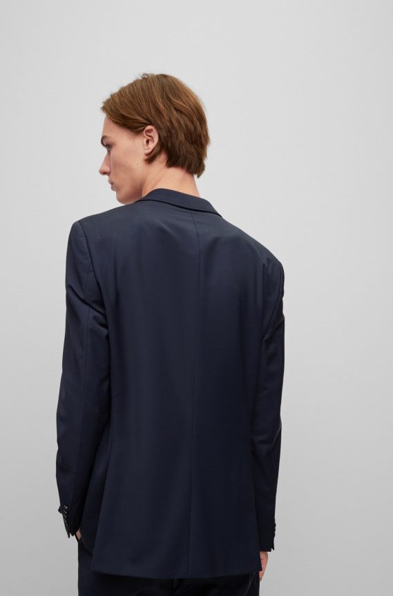 4TFNJN1360 أزرق غامق Hugo Boss سترة Hugo ذات المقاس العادي من مزيج الصوف المطاطي عالي الأداء باللون الأزرق الداكن