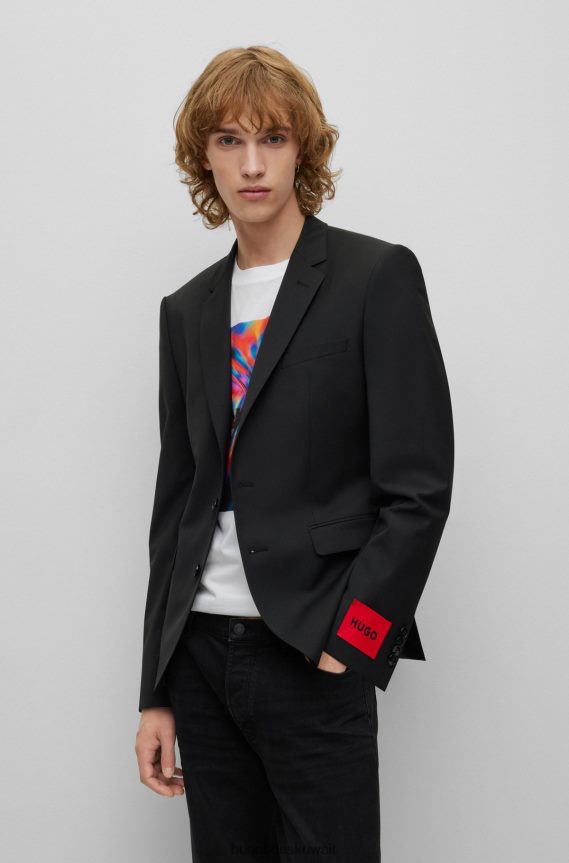 4TFNJN1361 أسود Hugo Boss سترة ذات مقاس عادي من مزيج الصوف المطاطي باللون الأسود