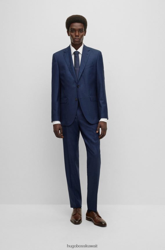 4TFNJN1363 أزرق غامق Hugo Boss بدلة بقصة عادية مصنوعة من نسيج قطني مضلع من الصوف البكر باللون الأزرق الداكن