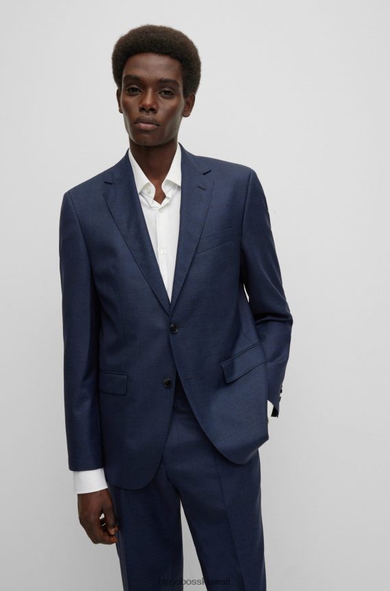 4TFNJN1363 أزرق غامق Hugo Boss بدلة بقصة عادية مصنوعة من نسيج قطني مضلع من الصوف البكر باللون الأزرق الداكن