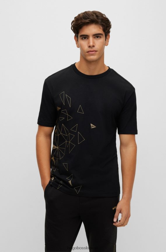 4TFNJN1376 أسود Hugo Boss تيشيرت هوغو من الجيرسي القطني باللون الأسود مع شعار منحني بتأثير معدني