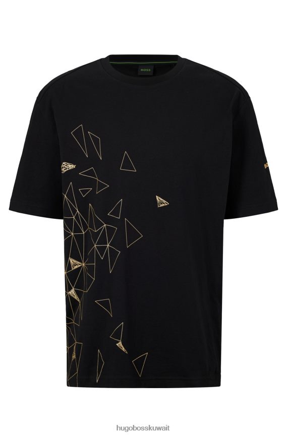 4TFNJN1376 أسود Hugo Boss تيشيرت هوغو من الجيرسي القطني باللون الأسود مع شعار منحني بتأثير معدني