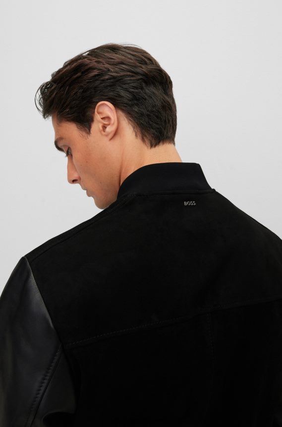 4TFNJN1381 أسود Hugo Boss سترة بومبر من جلد الغزال وجلد النابا باللون الأسود