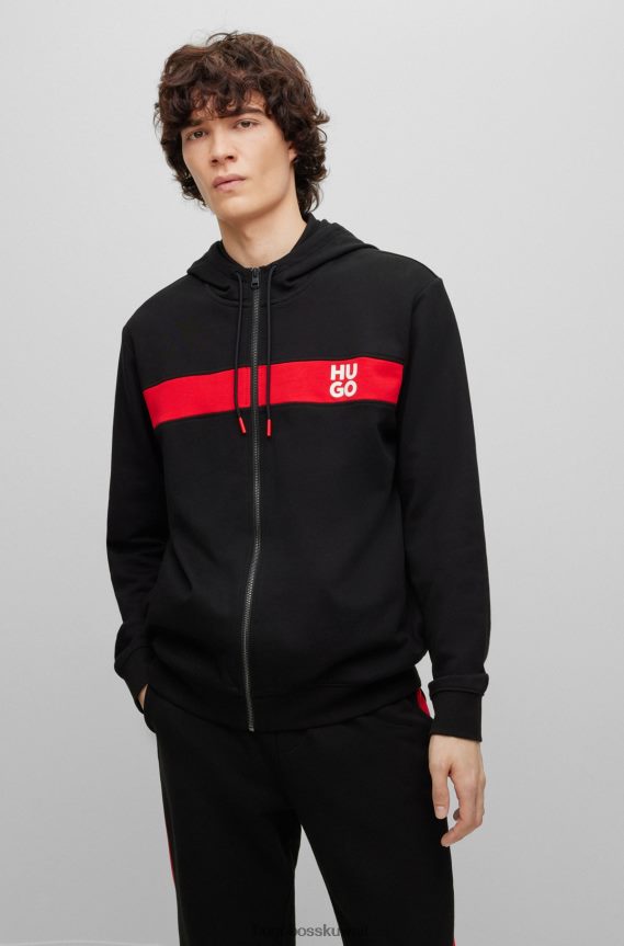 4TFNJN1386 أسود Hugo Boss بدلة رياضية من قطن تيري باللون الأسود مع خطوط وشعارات مكدسة من Hugo