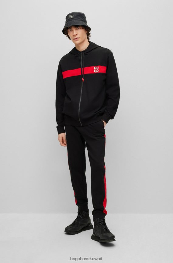4TFNJN1386 أسود Hugo Boss بدلة رياضية من قطن تيري باللون الأسود مع خطوط وشعارات مكدسة من Hugo