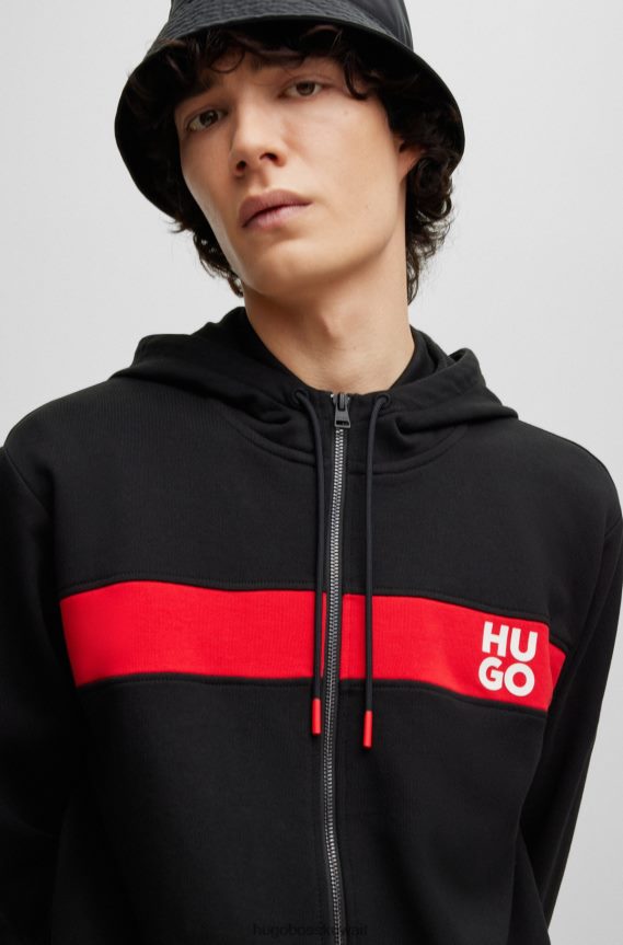 4TFNJN1386 أسود Hugo Boss بدلة رياضية من قطن تيري باللون الأسود مع خطوط وشعارات مكدسة من Hugo