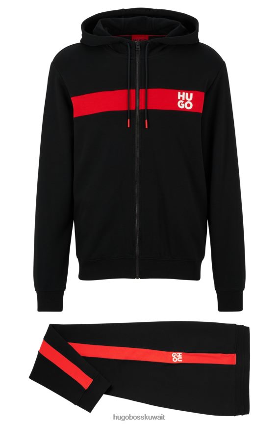 4TFNJN1386 أسود Hugo Boss بدلة رياضية من قطن تيري باللون الأسود مع خطوط وشعارات مكدسة من Hugo