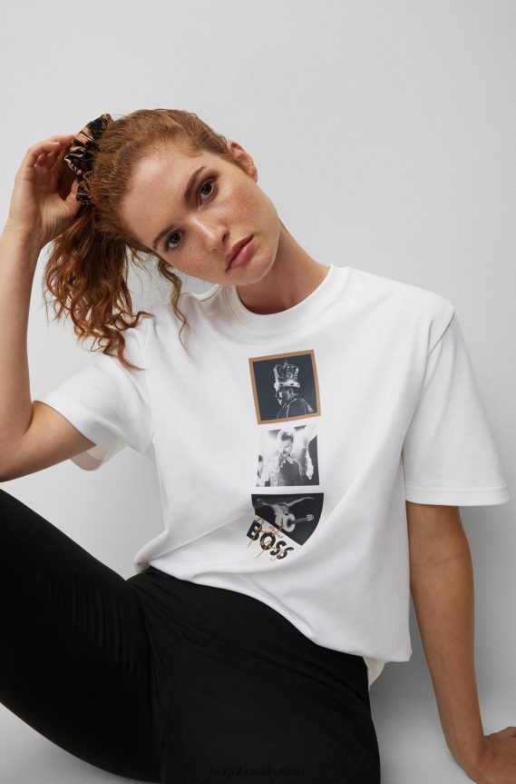 4TFNJN1388 أبيض Hugo Boss تي شيرت هوغو قطني متشابك باللون الأبيض مع عمل فني حصري