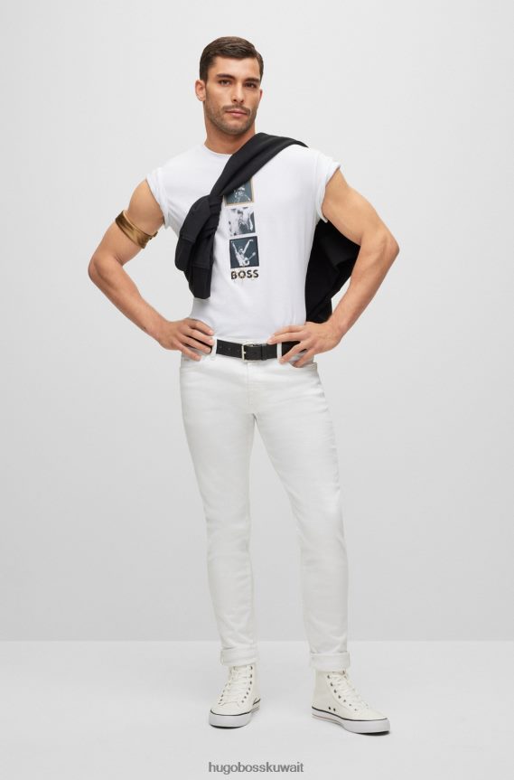 4TFNJN1388 أبيض Hugo Boss تي شيرت هوغو قطني متشابك باللون الأبيض مع عمل فني حصري