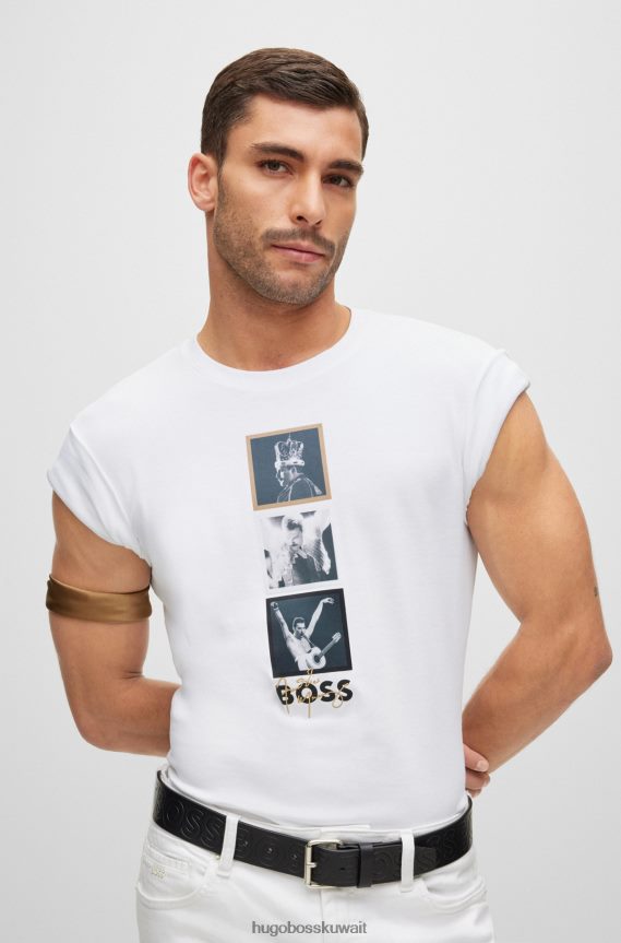 4TFNJN1388 أبيض Hugo Boss تي شيرت هوغو قطني متشابك باللون الأبيض مع عمل فني حصري