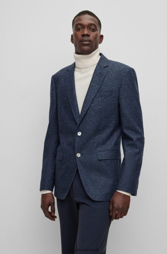4TFNJN1391 أزرق غامق Hugo Boss سترة ضيقة من مزيج الصوف بنمط دقيق باللون الأزرق الداكن