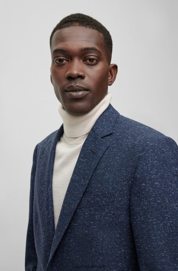 4TFNJN1391 أزرق غامق Hugo Boss سترة ضيقة من مزيج الصوف بنمط دقيق باللون الأزرق الداكن