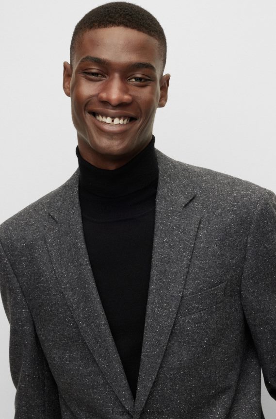 4TFNJN1392 الرمادي الداكن Hugo Boss سترة رمادية داكنة بقصة ضيقة في هوغو من مزيج الصوف بأنماط دقيقة