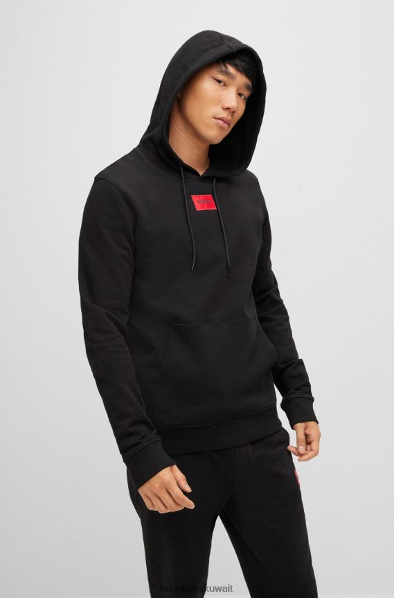 4TFNJN1393 أسود Hugo Boss سويت شيرت بغطاء رأس من قطن تيري مع شعار أحمر هوغو أسود