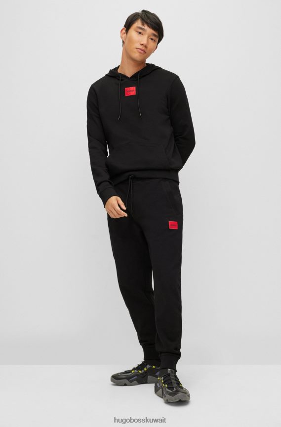 4TFNJN1393 أسود Hugo Boss سويت شيرت بغطاء رأس من قطن تيري مع شعار أحمر هوغو أسود