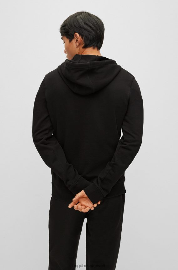 4TFNJN1393 أسود Hugo Boss سويت شيرت بغطاء رأس من قطن تيري مع شعار أحمر هوغو أسود