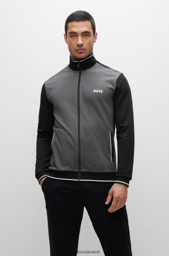 4TFNJN1396 أسود Hugo Boss سترة هوغو من مزيج القطن مع خطوط وشعار باللون الأسود