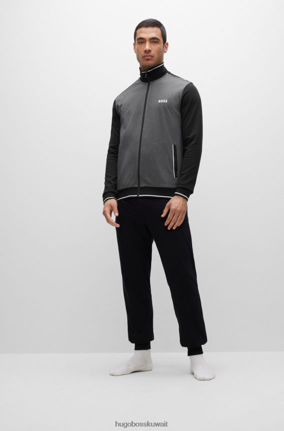 4TFNJN1396 أسود Hugo Boss سترة هوغو من مزيج القطن مع خطوط وشعار باللون الأسود