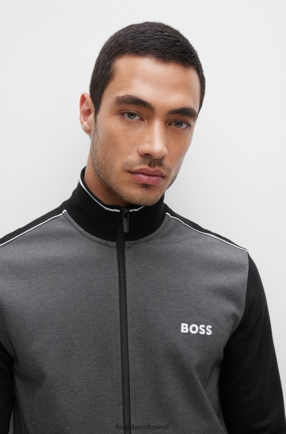 4TFNJN1396 أسود Hugo Boss سترة هوغو من مزيج القطن مع خطوط وشعار باللون الأسود